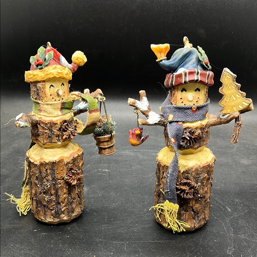 Rustic Wood Log Snowman Christmas Tree Ornaments Colorful HatsScarves Primitive
